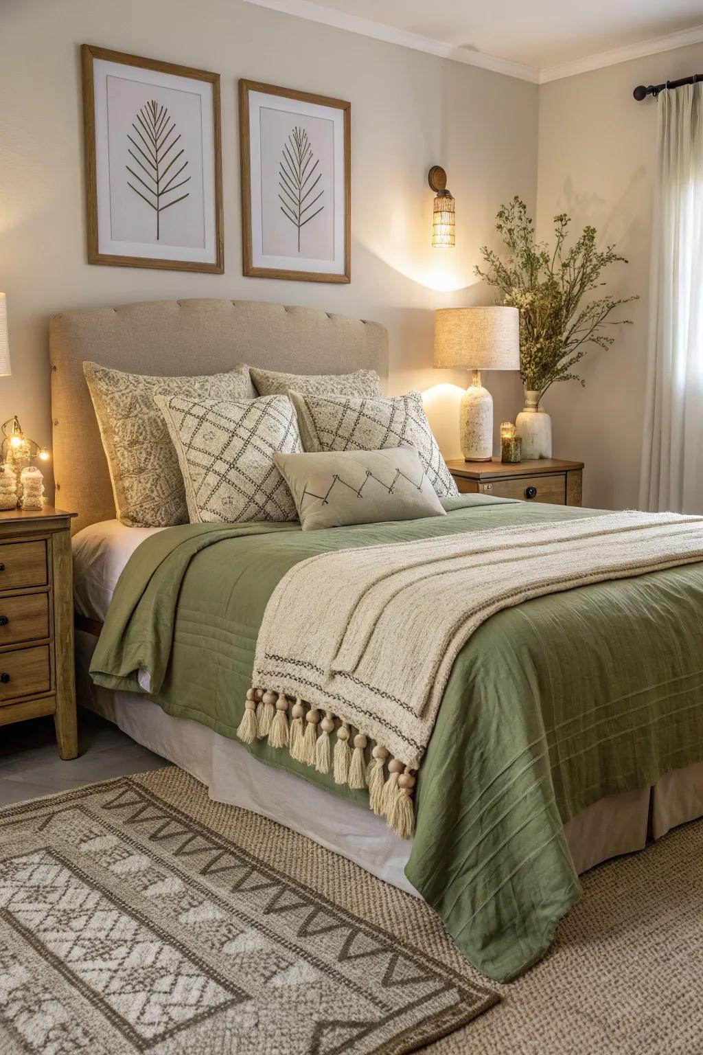 Deep moss green bedding blends with pale shades to promote a serene ambiance.