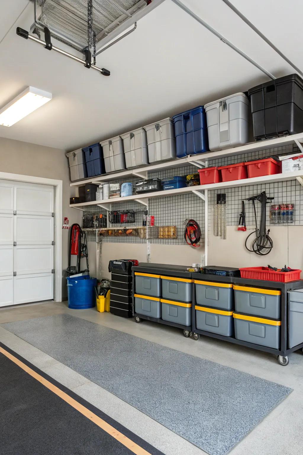 Elevated storage options optimize the area in a single-car garage.