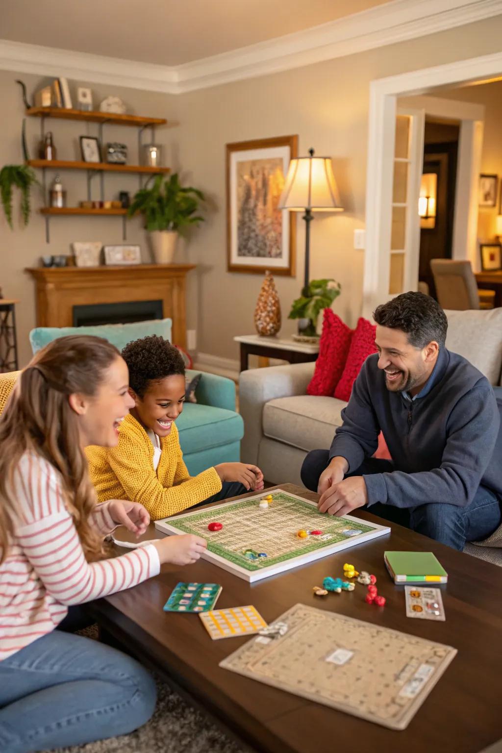 A family joyfully engrossed in an engaging board game session.