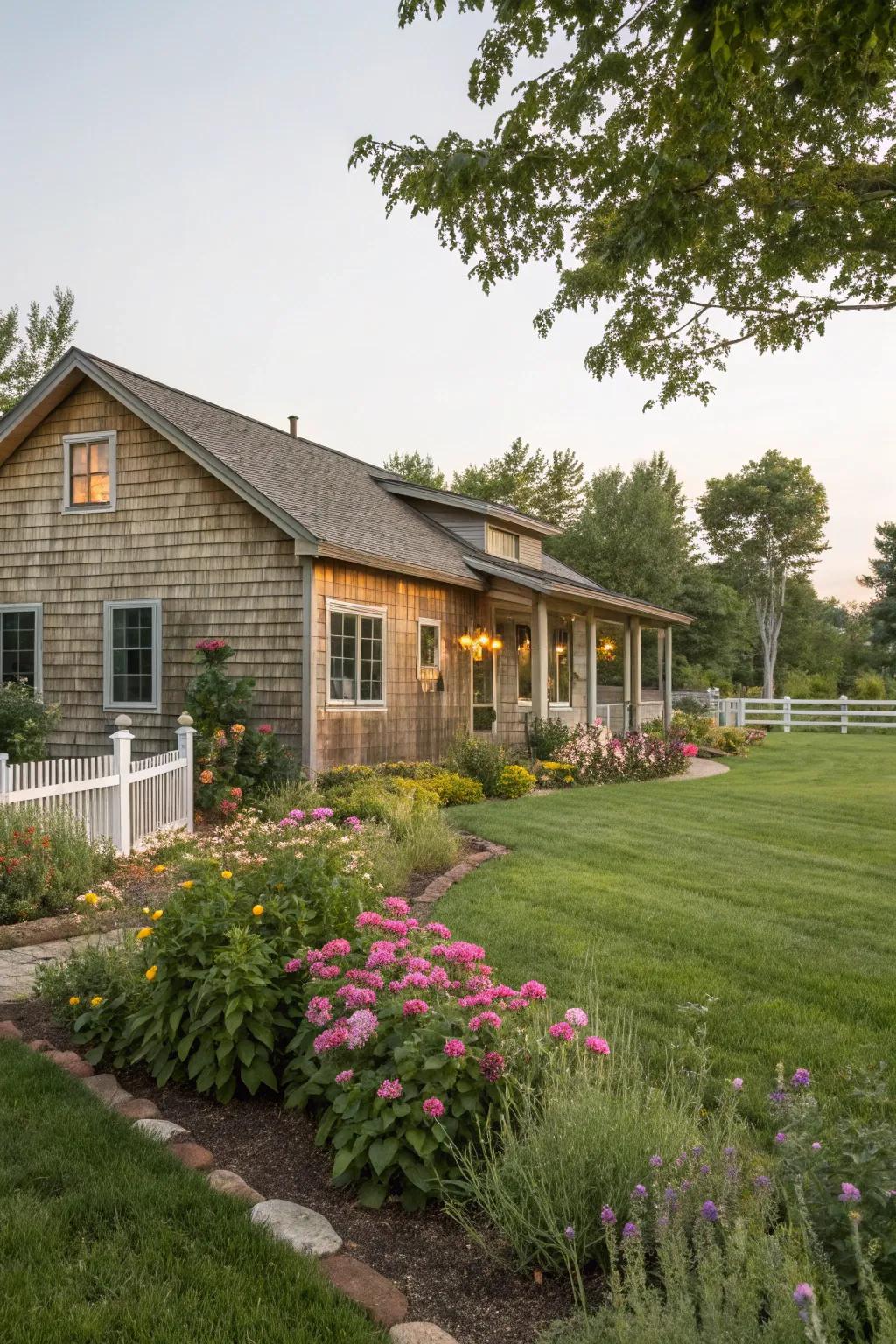 Natural wood siding lends an inviting appeal to this ranch-style home.