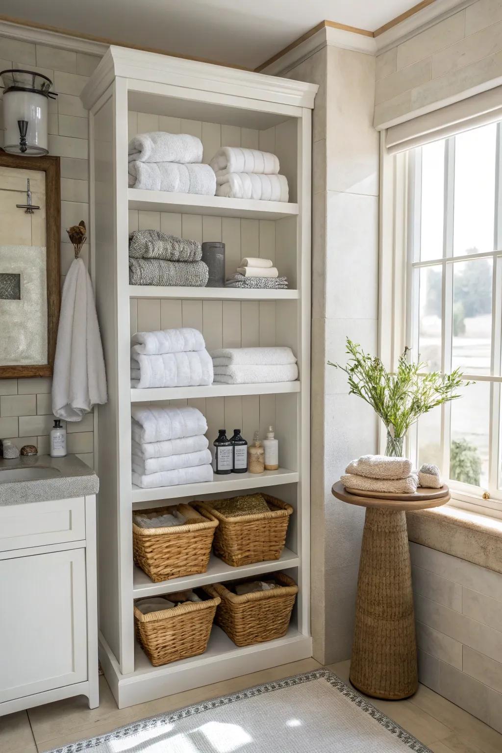 Tall open shelves optimally use vertical space in a bathroom.
