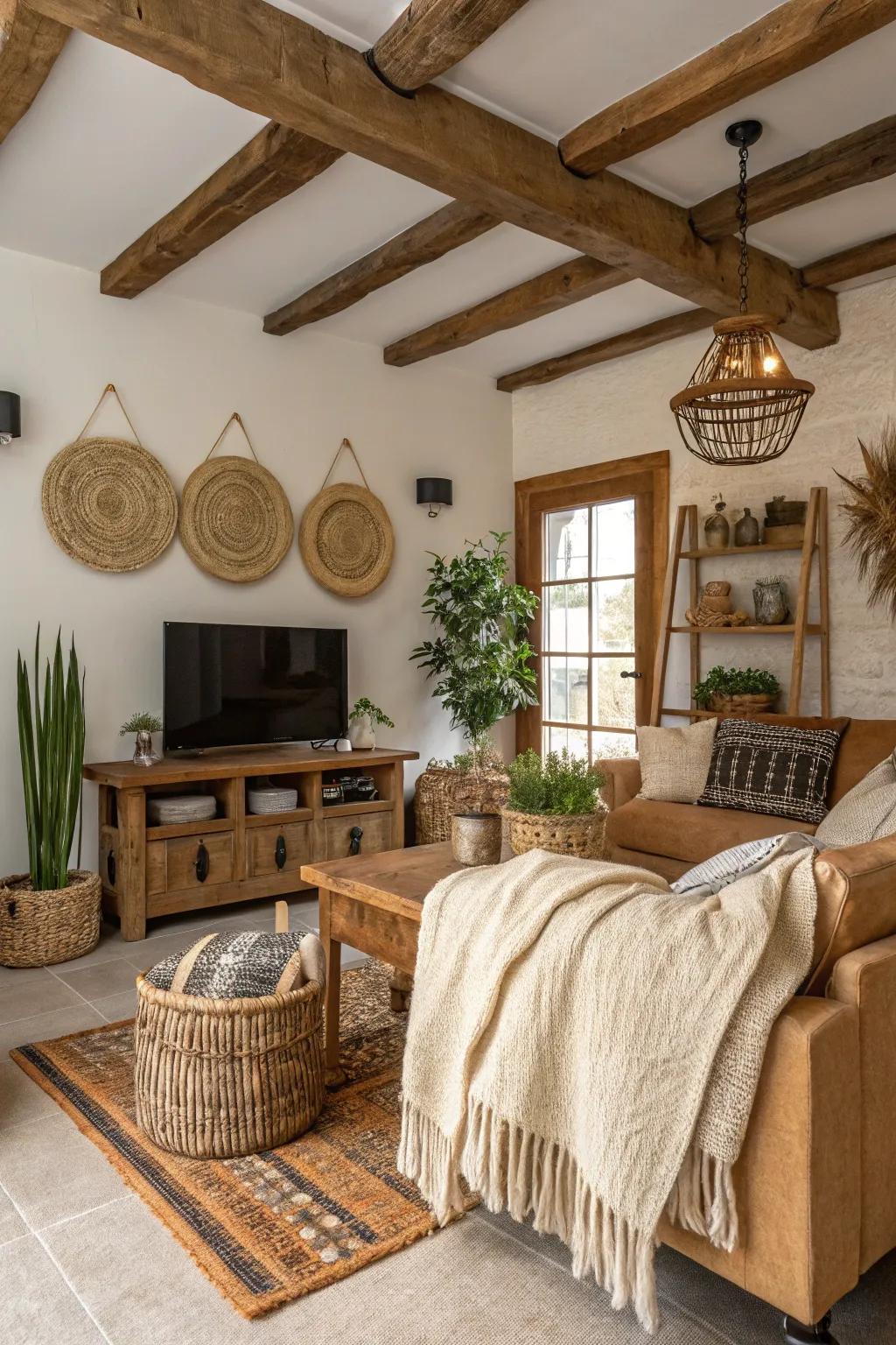 A welcoming living space showcasing exposed wooden beams that exude rustic charm.