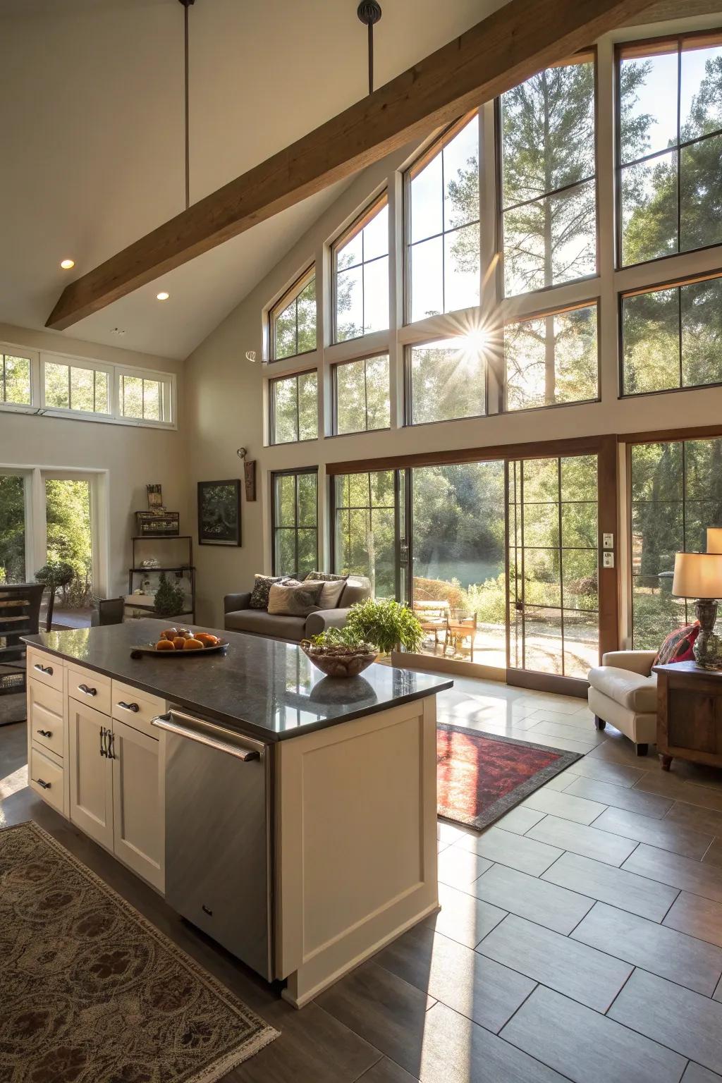 Natural light illuminating an open-concept kitchen and living space.