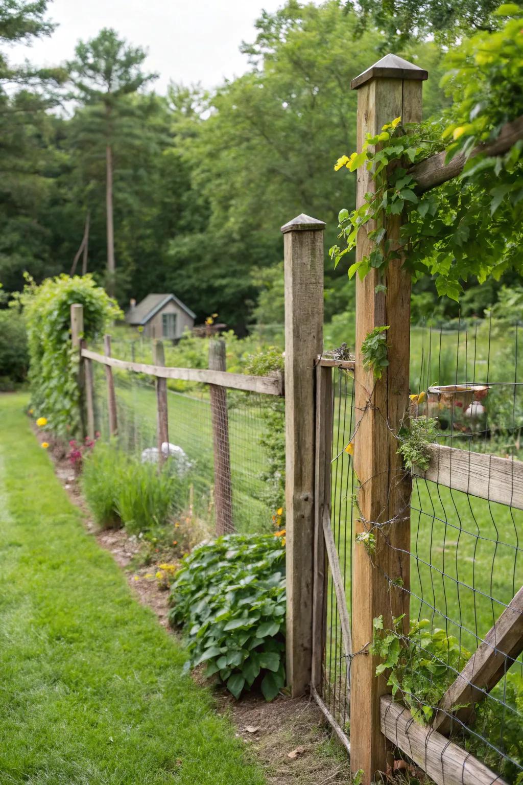 The ideal combination of wood and wire mesh creates a modern rustic fence.