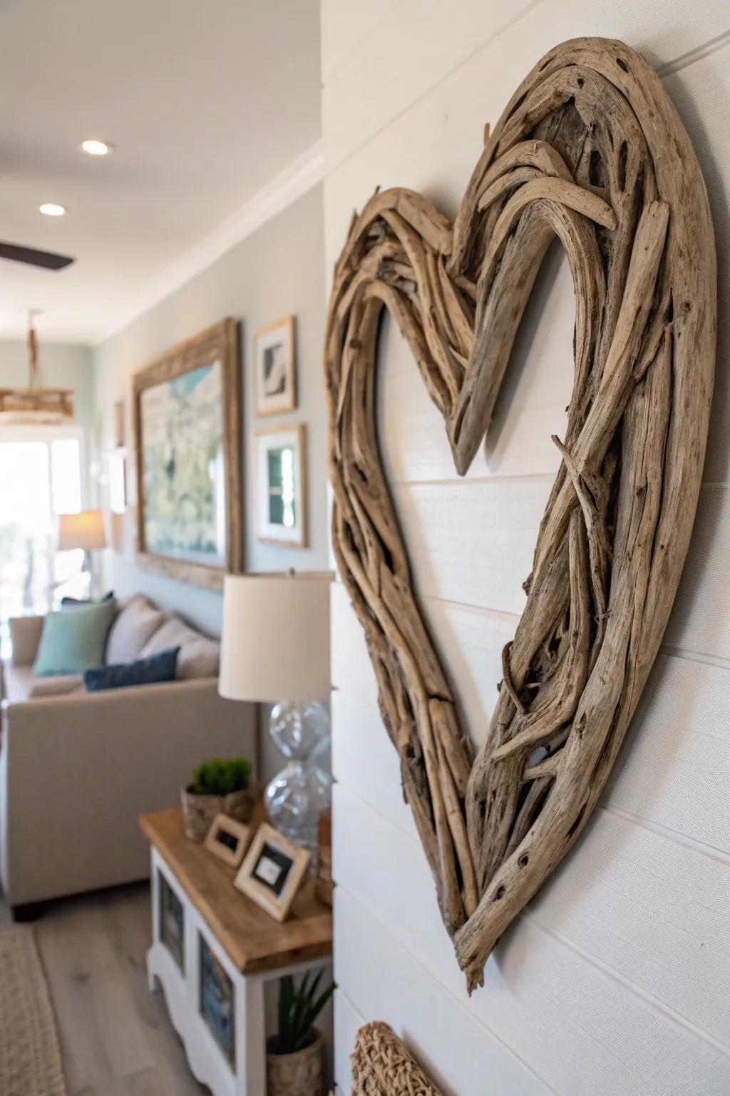 Intertwined driftwood hearts bring a natural element to your space.