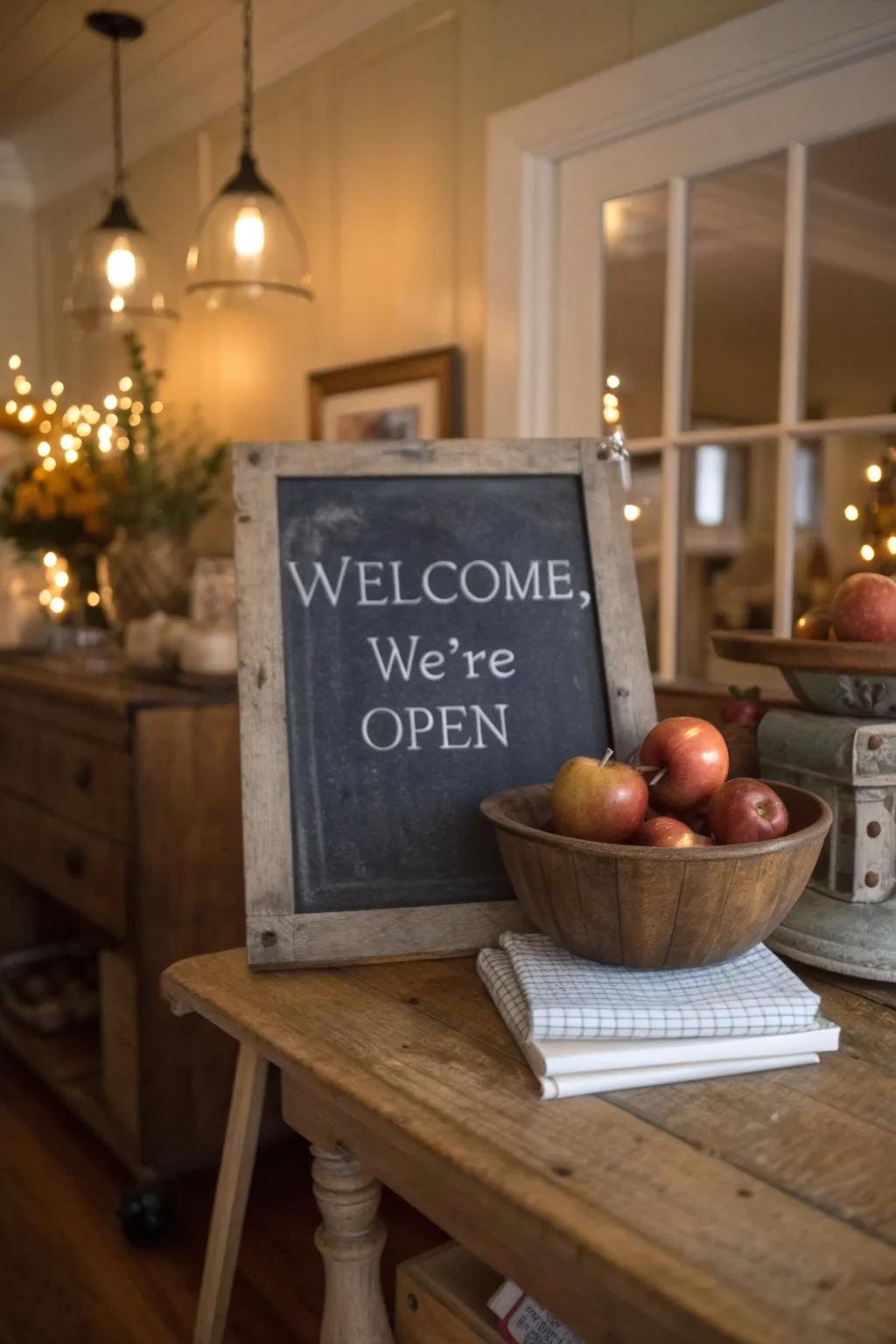 A charming chalkboard sign brings a personal feeling to any space.