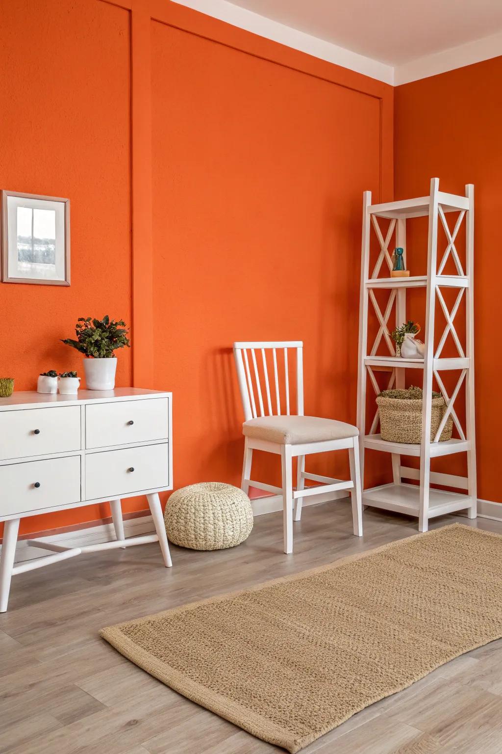 A room showcasing a bold tangerine accent wall complemented by sleek ivory furniture.
