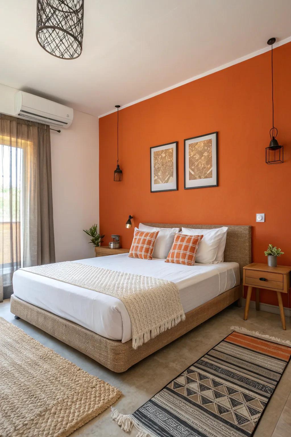 A striking orange accent wall elevates this modern bedroom.