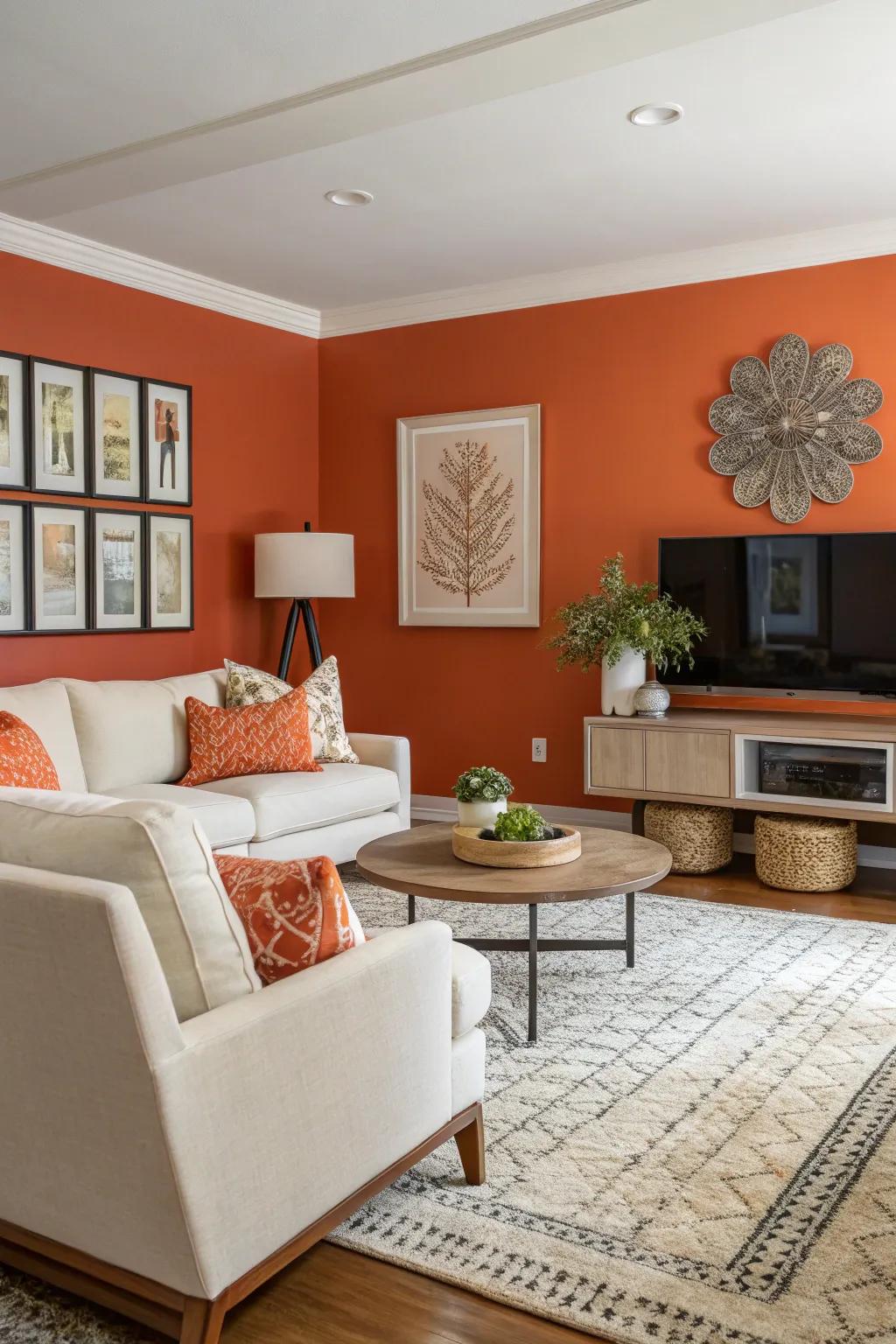 A vibrant orange accent wall provides charm to this contemporary living space.
