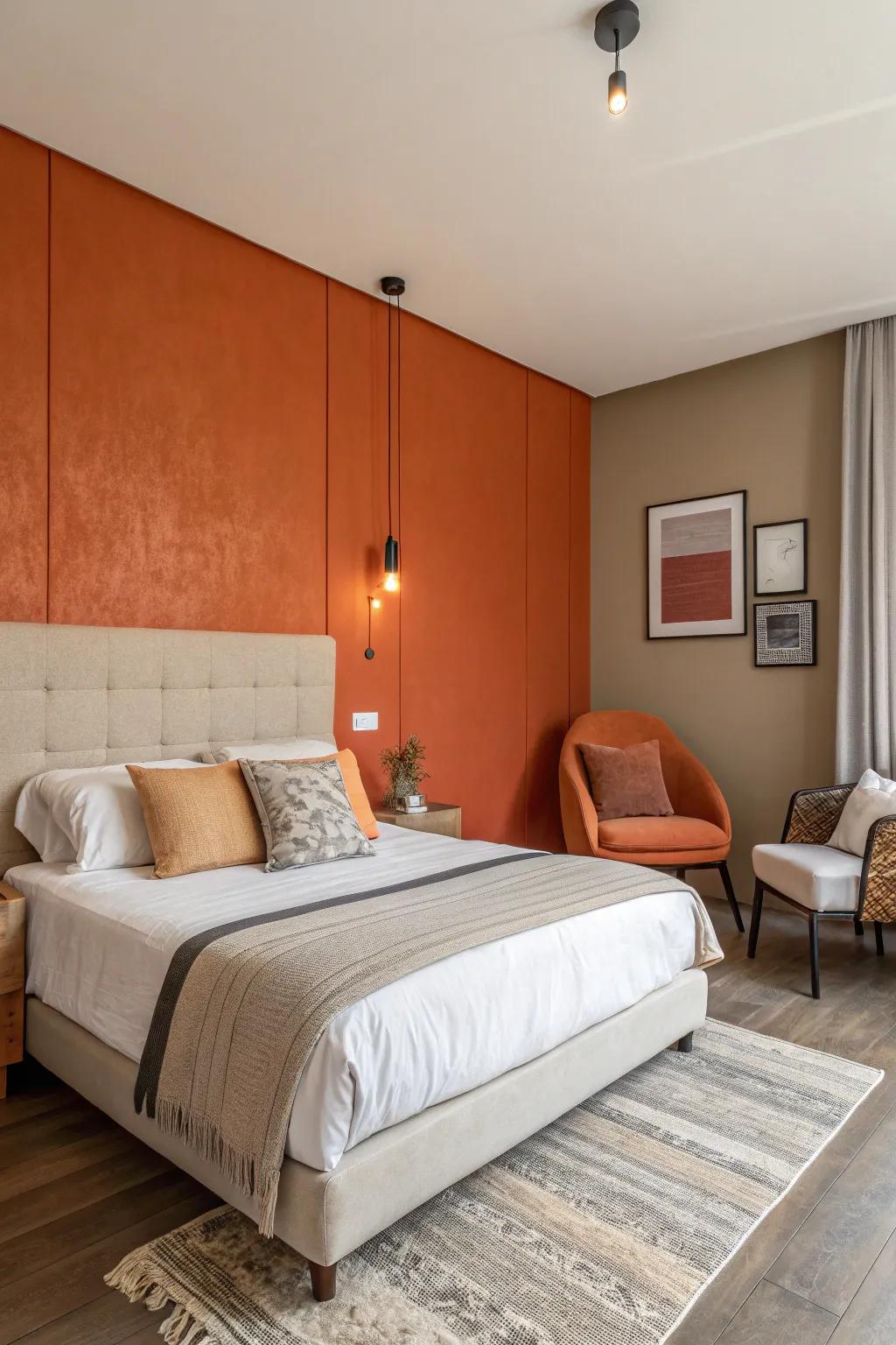 A bedroom showcasing a striking orange accent wall, creating a cozy and welcoming vibe.