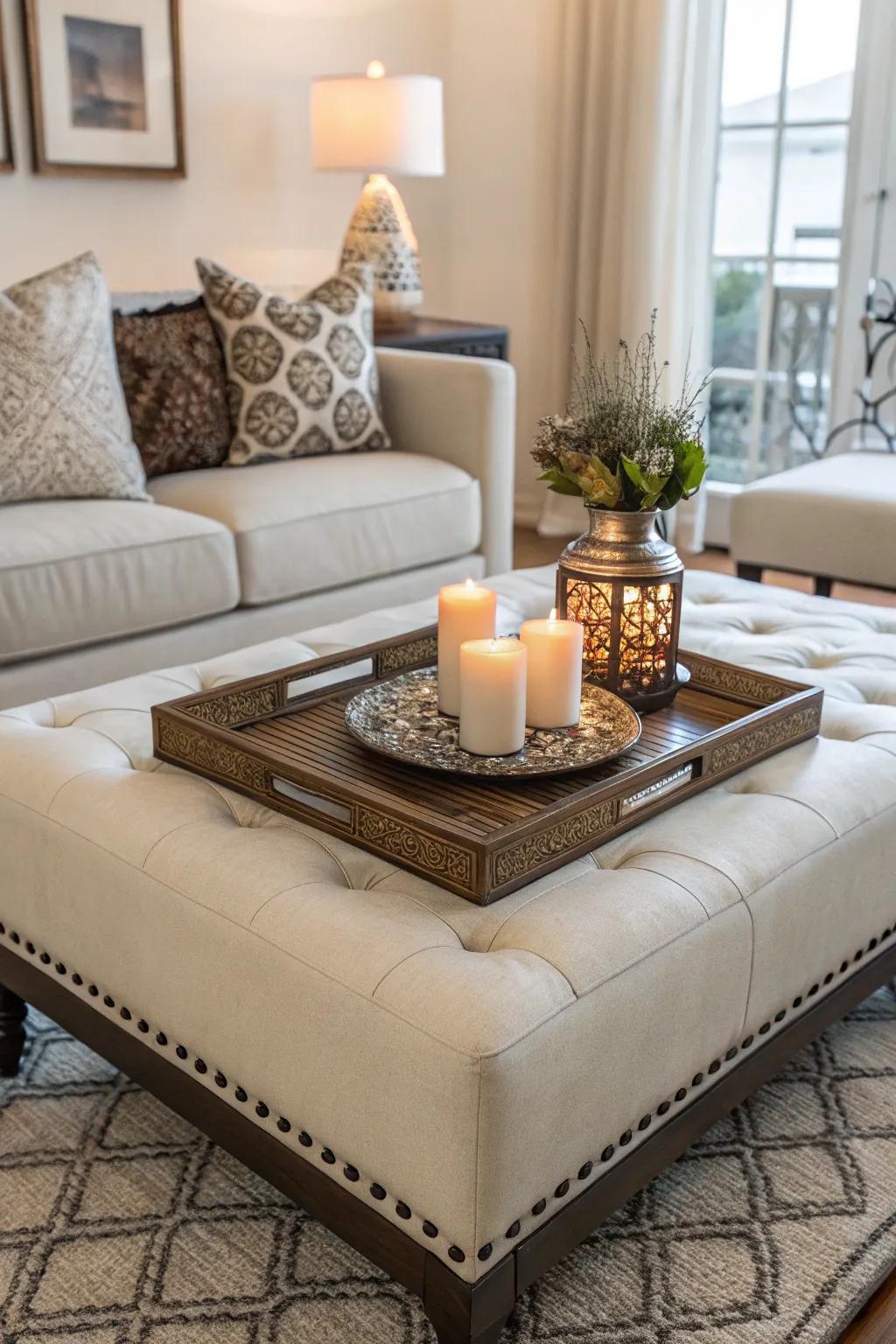 An ottoman beautifully styled as a coffee table with decorative accents.