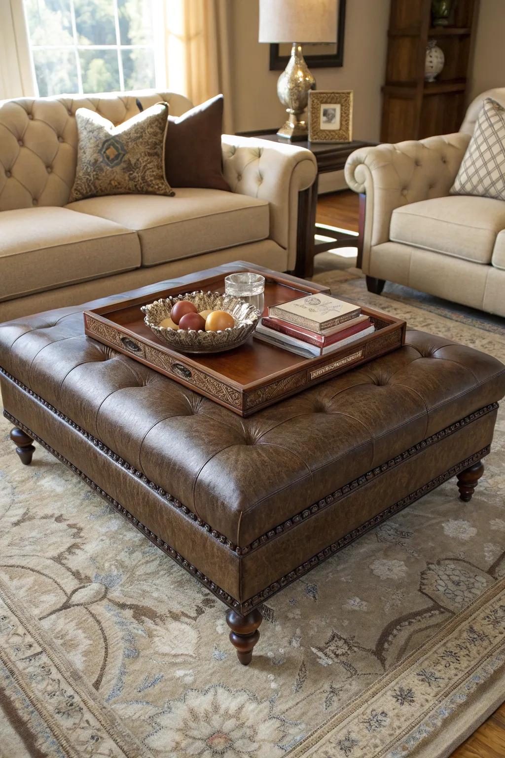 An ottoman serving as a comforting coffee table focal point
