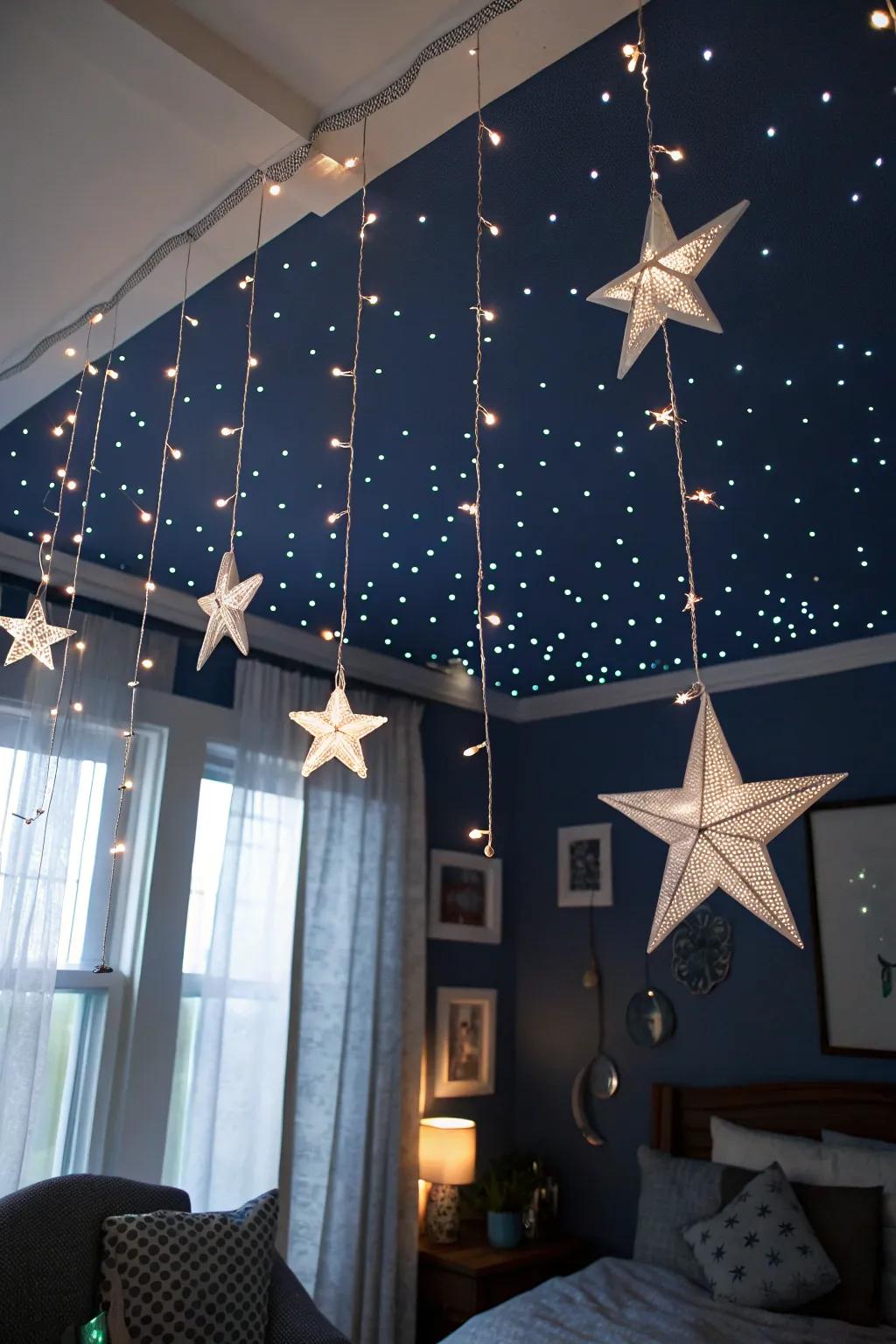 A ceiling that has been converted into a starry nighttime display featuring sparkling lights and hanging stars.
