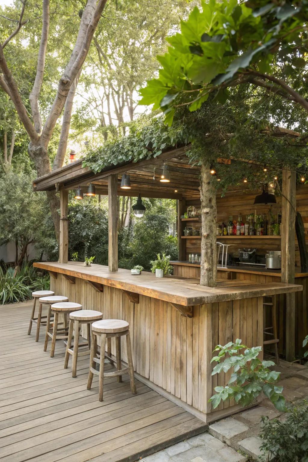 A rustic timber bar integrates effortlessly with the garden.