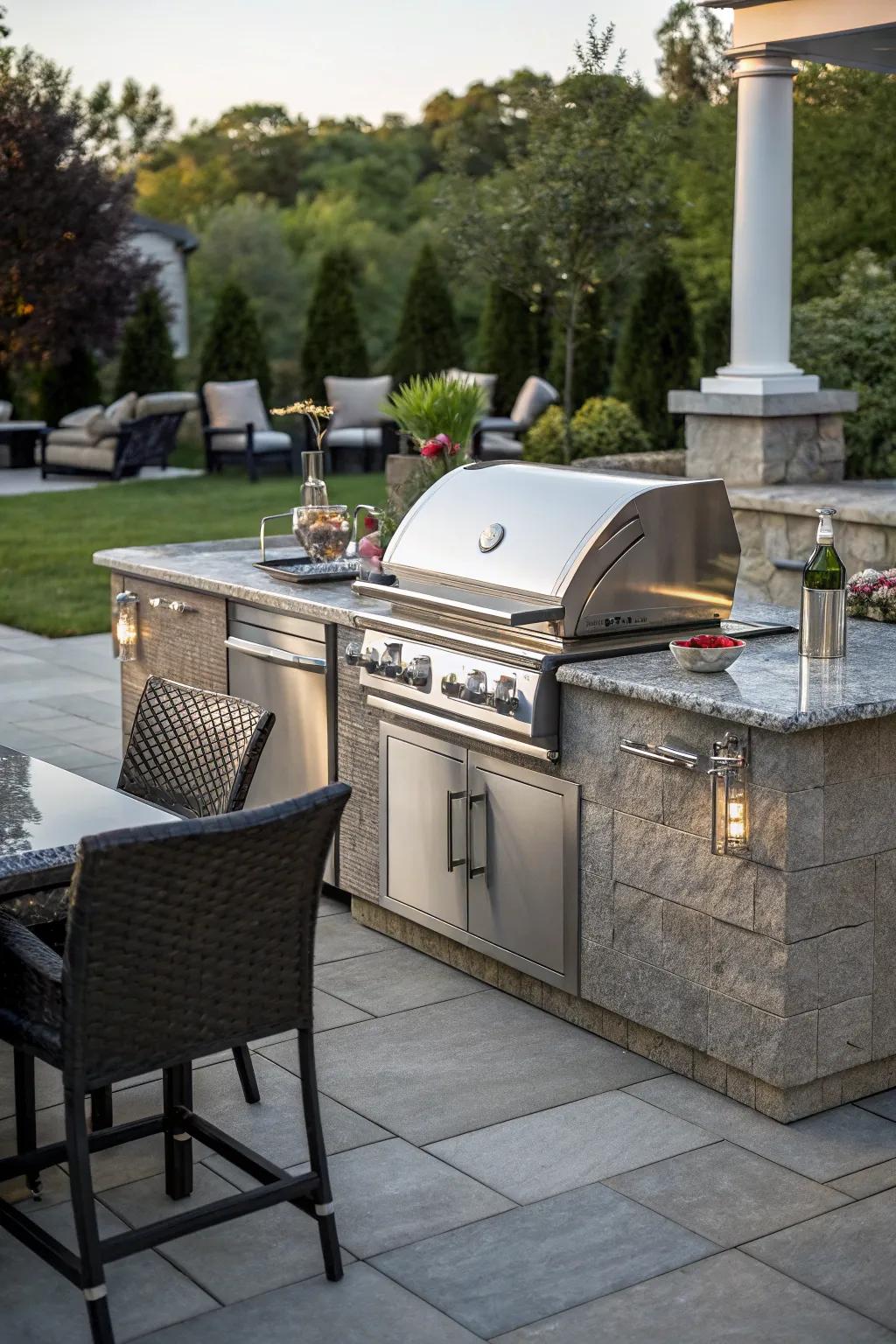 A custom grill station serves as the primary feature of your BBQ paradise.