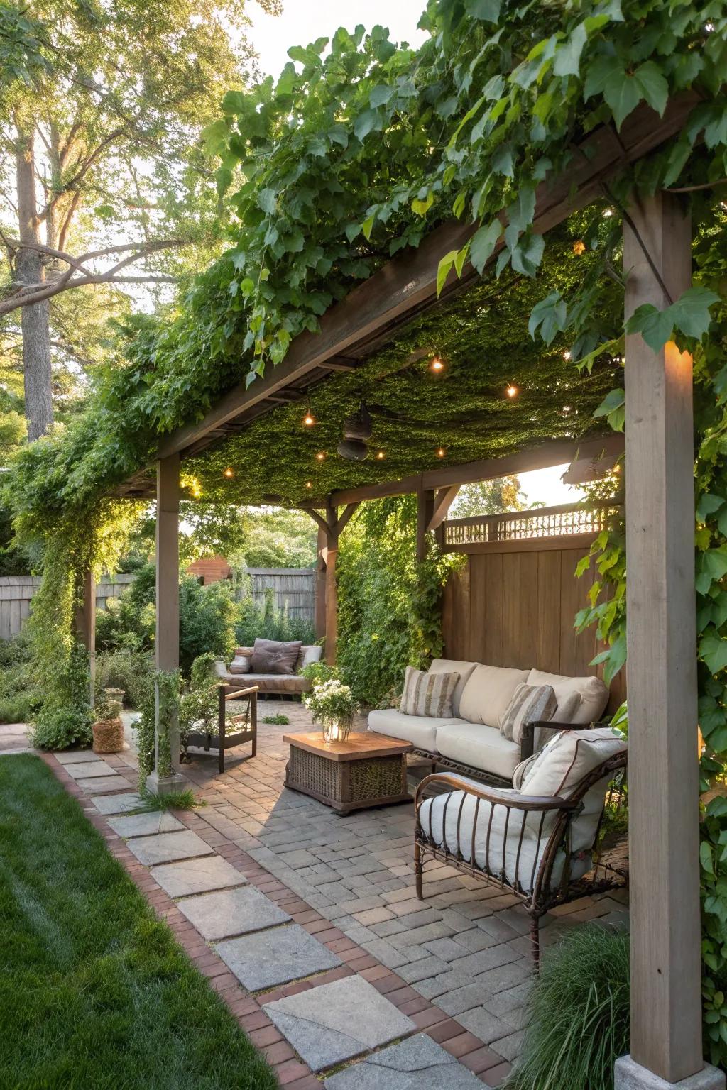 Lush greenery on a pergola creates a peaceful garden retreat.