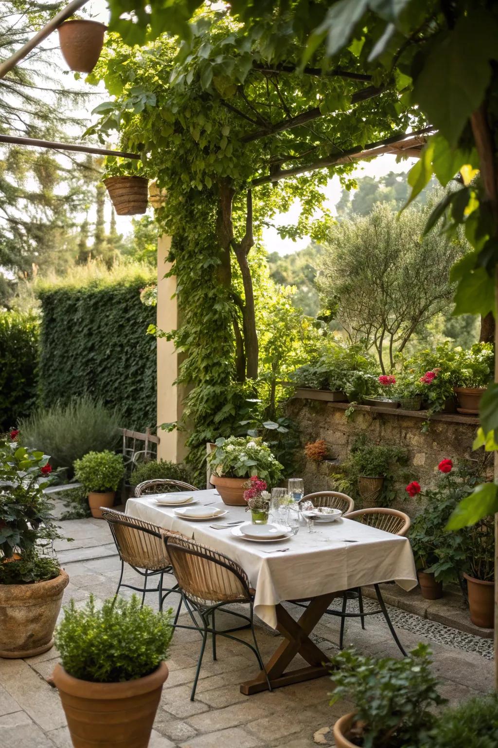 A tranquil outdoor dining retreat cocooned in flourishing greenery.