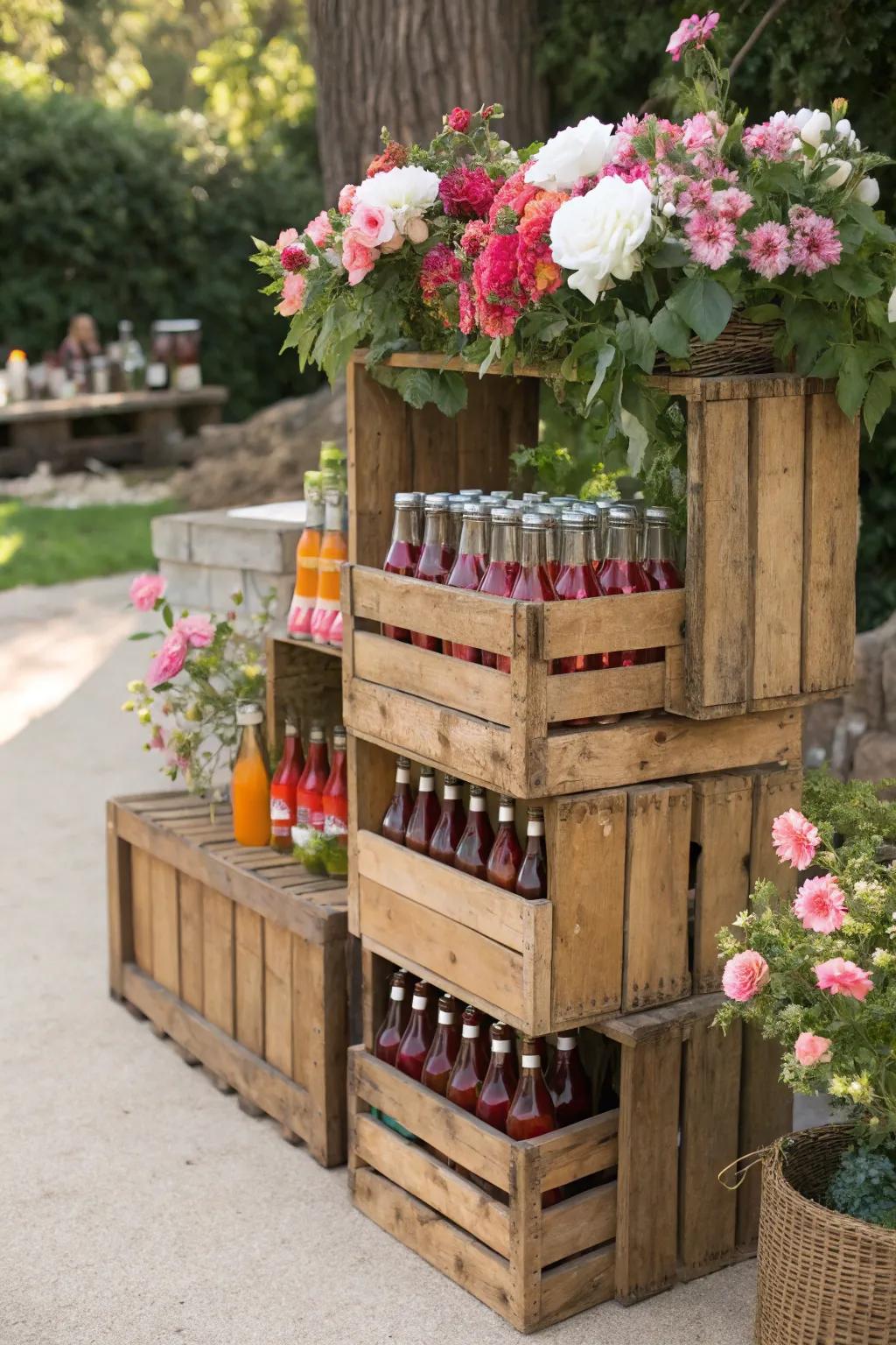 Distressed wood boxes make a versatile and attractive drink station.