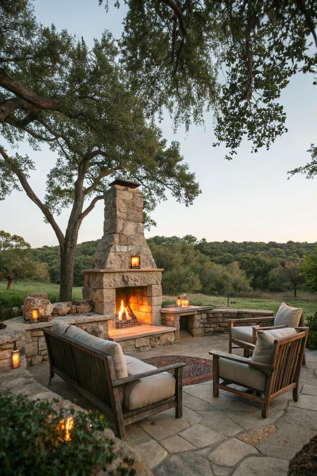 An elegant stone fireplace turns into an attractive centerpiece in any garden setting.
