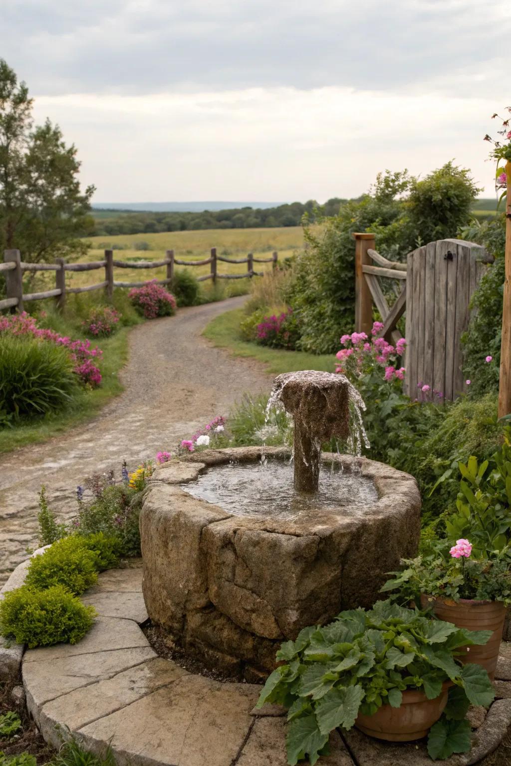 A natural stone fountain seamlessly integrated with the garden&rsquo;s foliage.