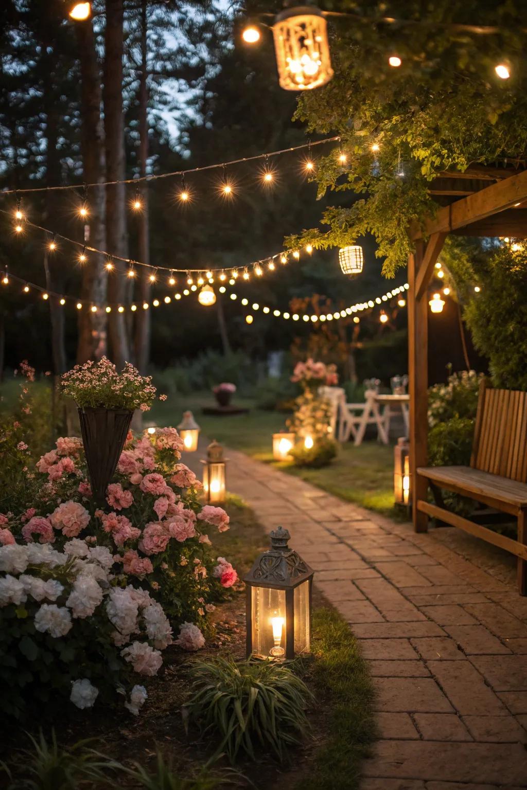 String lights and lanterns create a magical evening atmosphere.