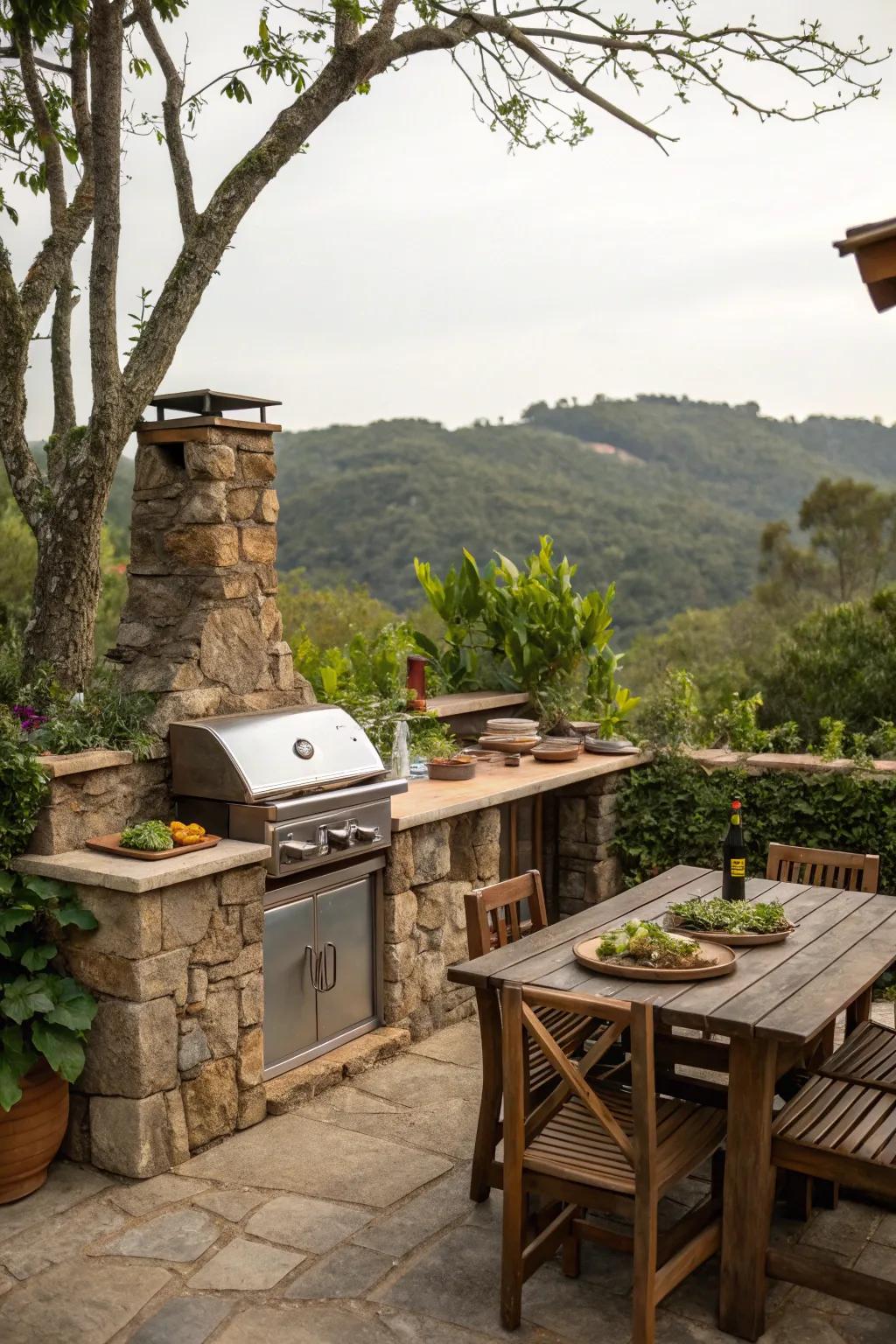 A charming stone grill area that naturally complements the outdoor setting.