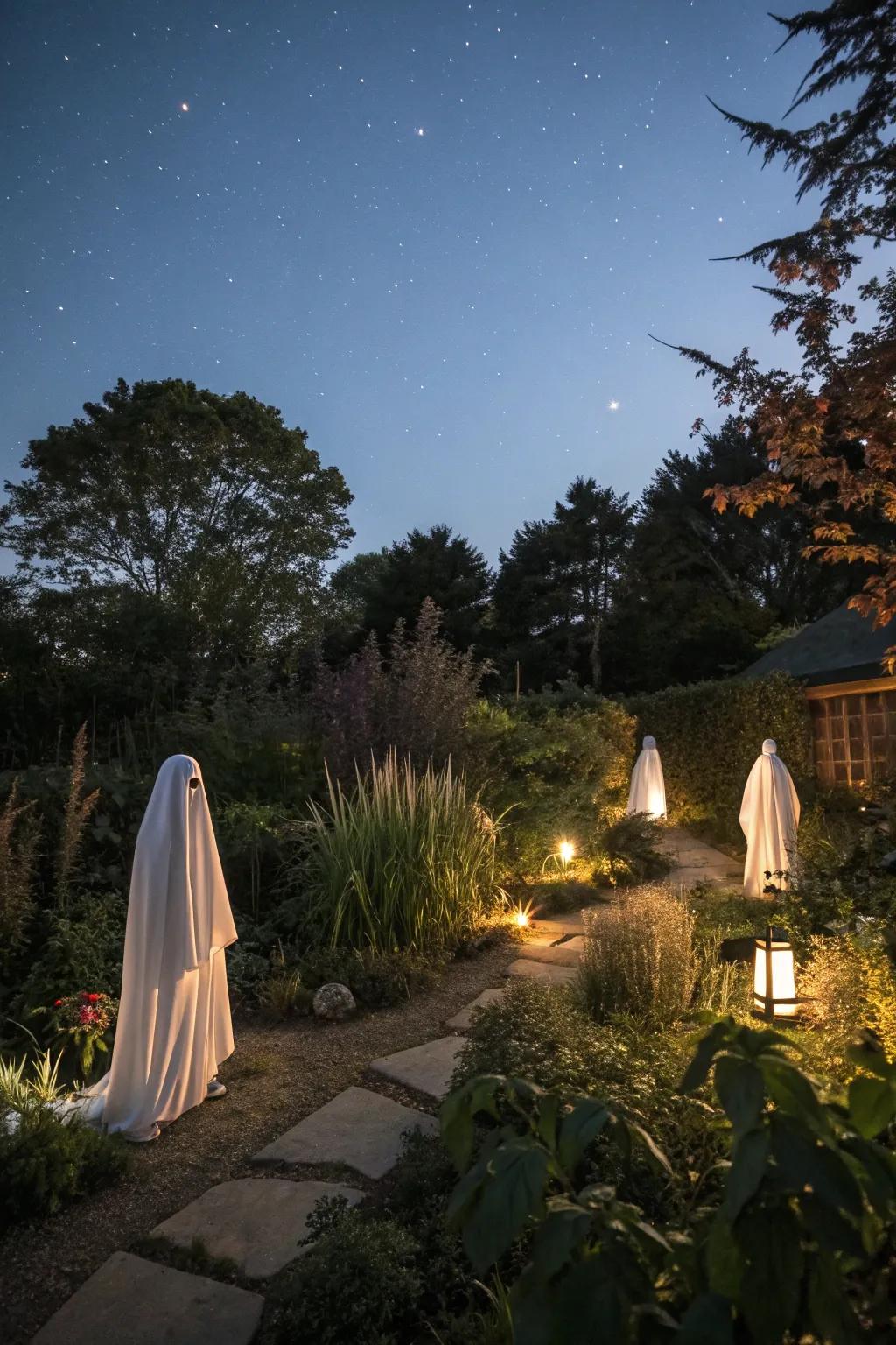 A garden is transformed with glowing spectral figures for a haunting Halloween evening.