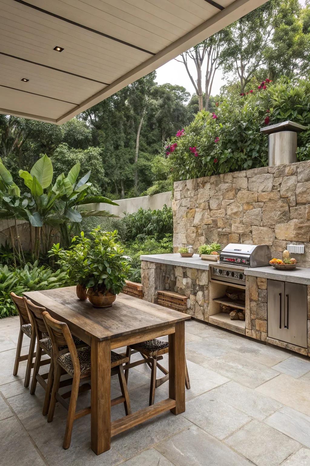Natural stone backsplashes bring a refined and unified aesthetic to outdoor kitchens.