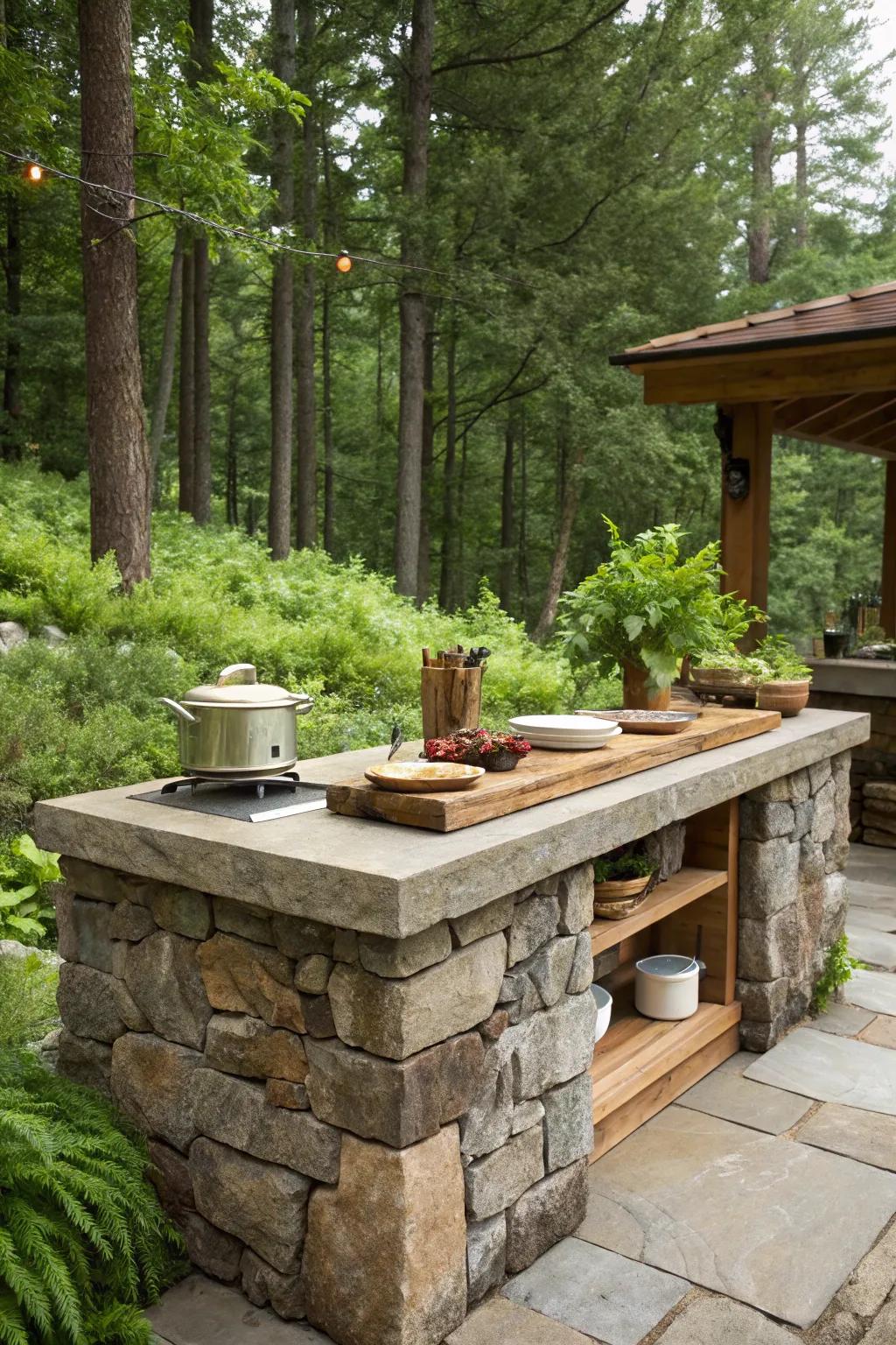 A beautiful outdoor cooking island constructed with stone and wood, nestled within lush greenery.