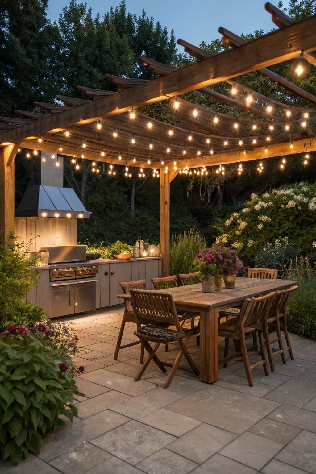 Sparkle strands introduce a dash of enchantment to any open-air kitchen arrangement.