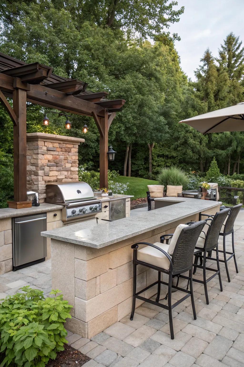 An appealing L-shaped outdoor kitchen counter set amidst lush greenery.
