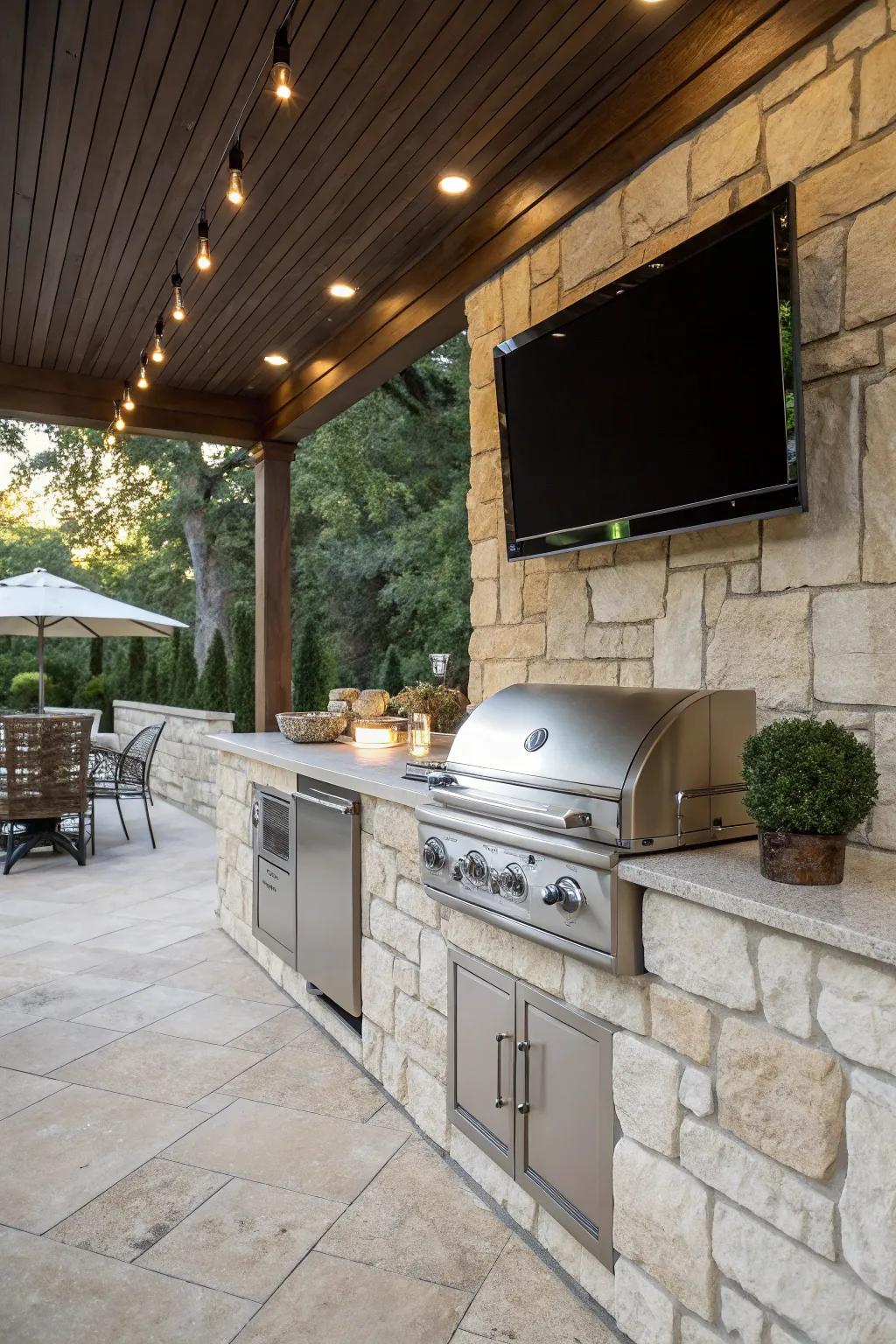 A classic rock finish adds timeless elegance to your outdoor kitchen with TV setup.