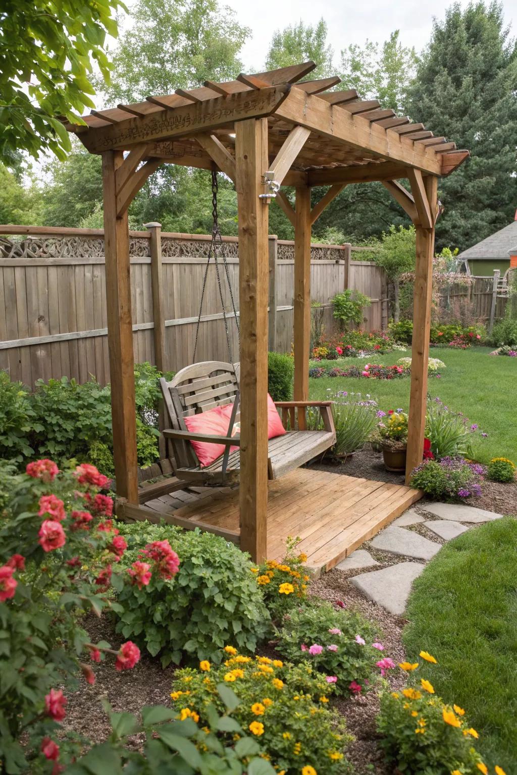 A cozy pergola with a swing invites relaxation under the stars.