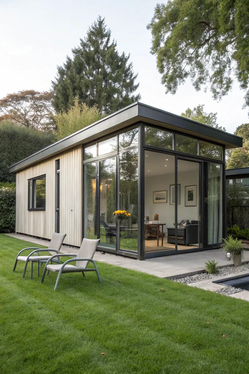 A modern shed provides both style and function for your outdoor retreat.