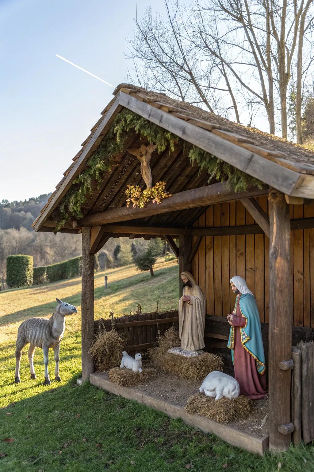 Celebrate heritage with a traditional wooden creche scene.