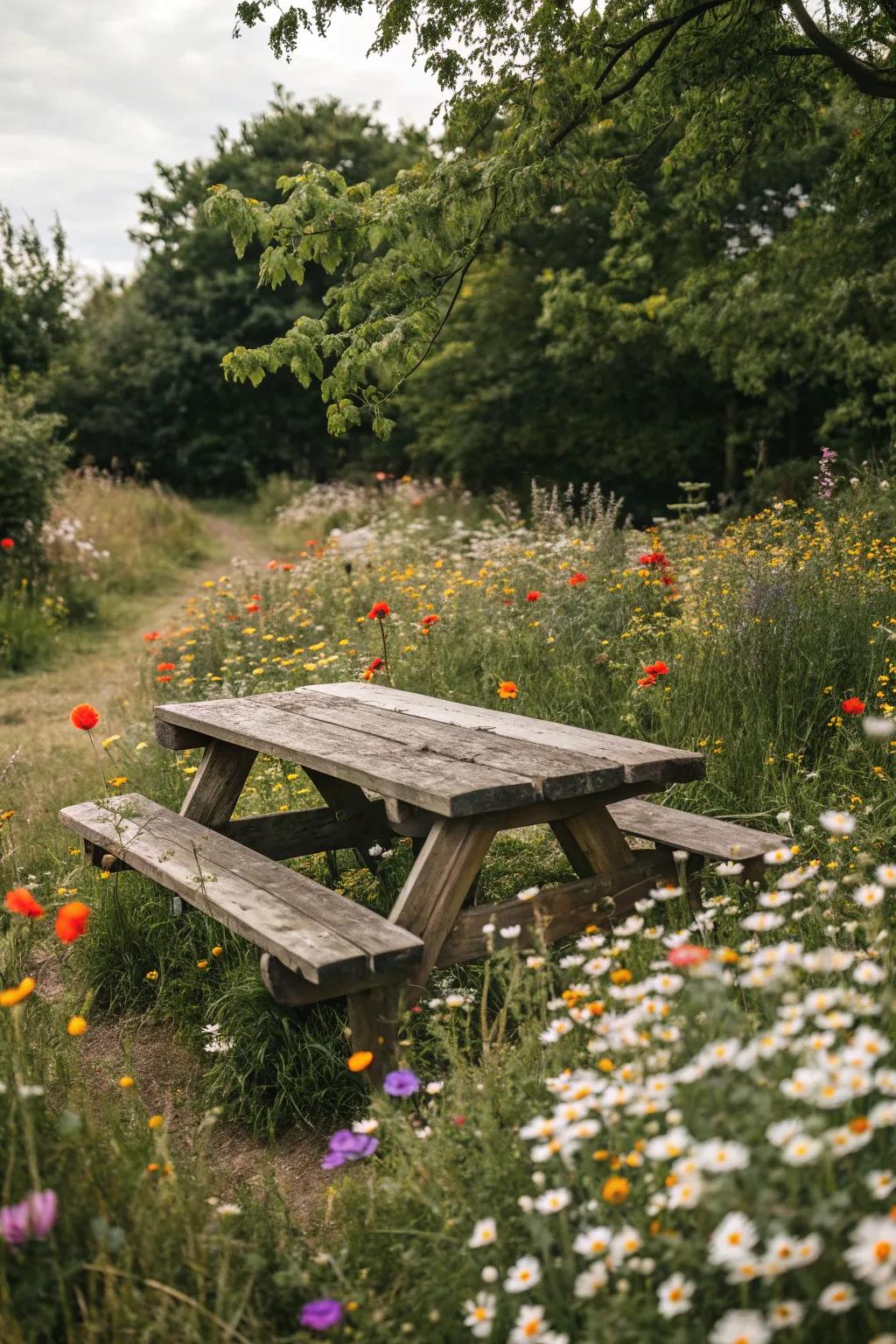 A classic wood table offers warmth and character to any outdoor setting.