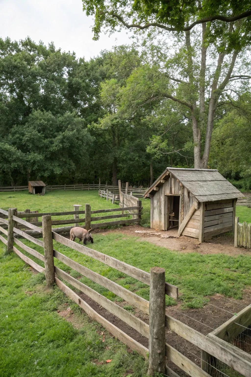 A straightforward yet highly effective pig enclosure utilizing conventional timber fencing and protection.