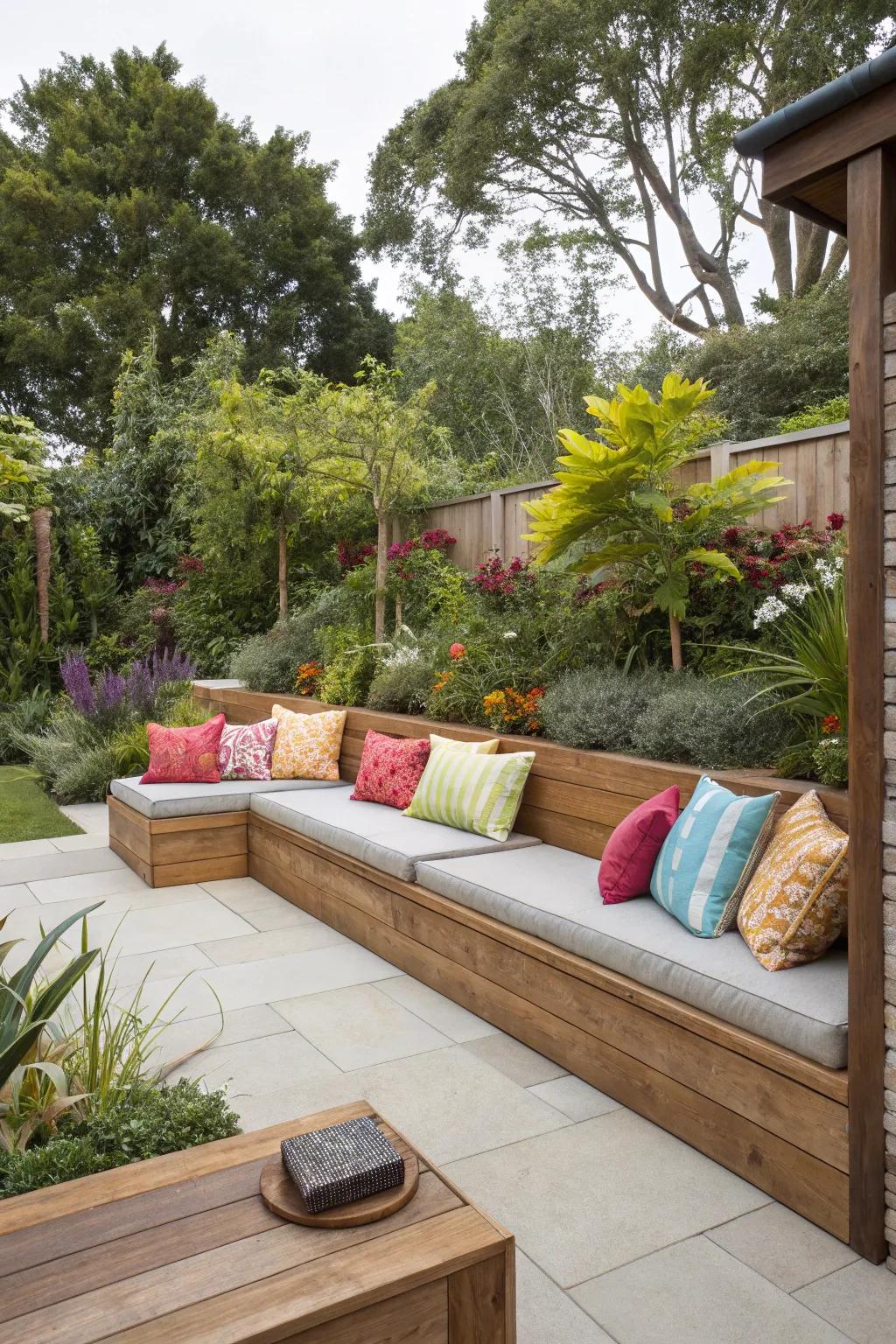 Built-in benches integrate effortlessly with the surroundings, providing a welcoming seating solution.