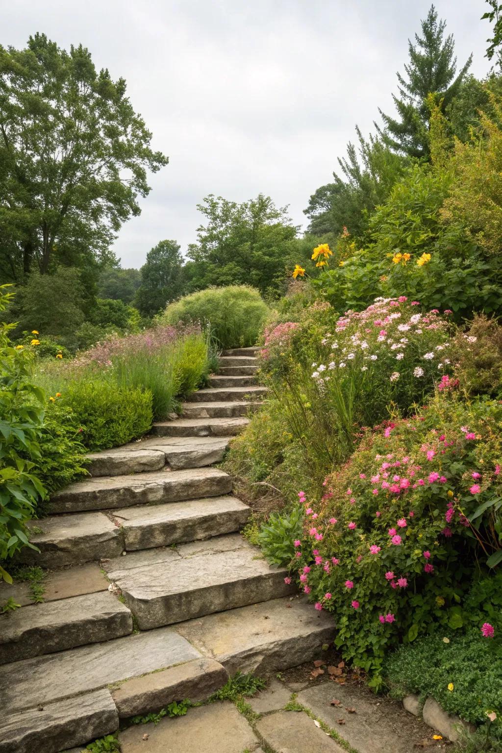 Natural stone steps offer a cohesive path through a flourishing garden landscape.