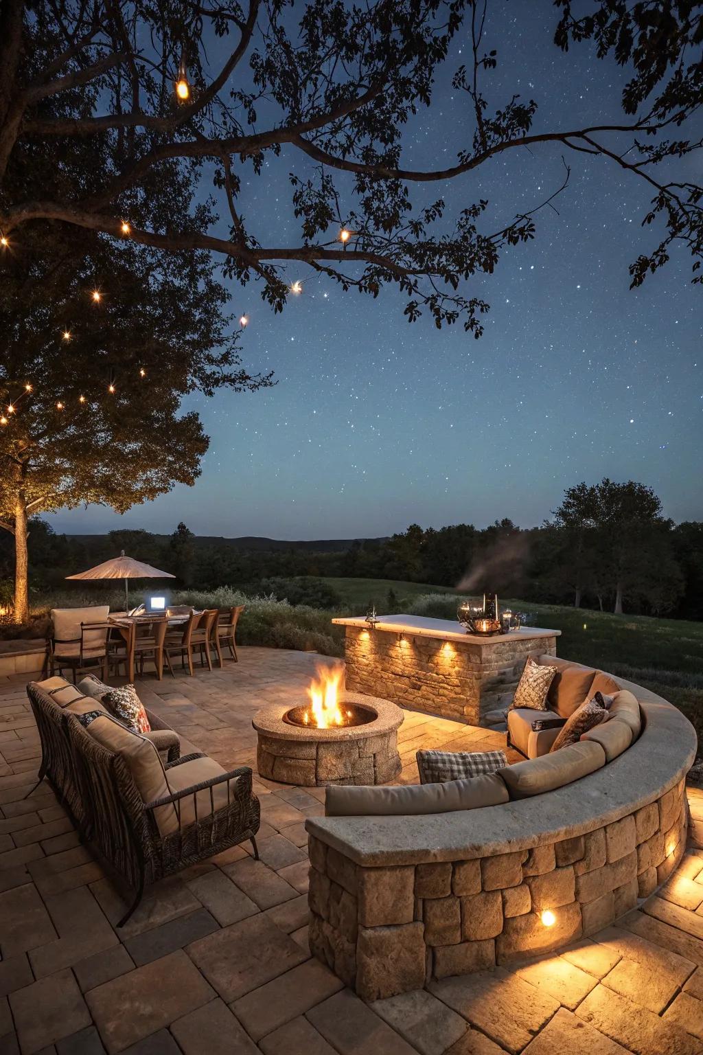 An attractive outdoor stone bar featuring a central fire pit.