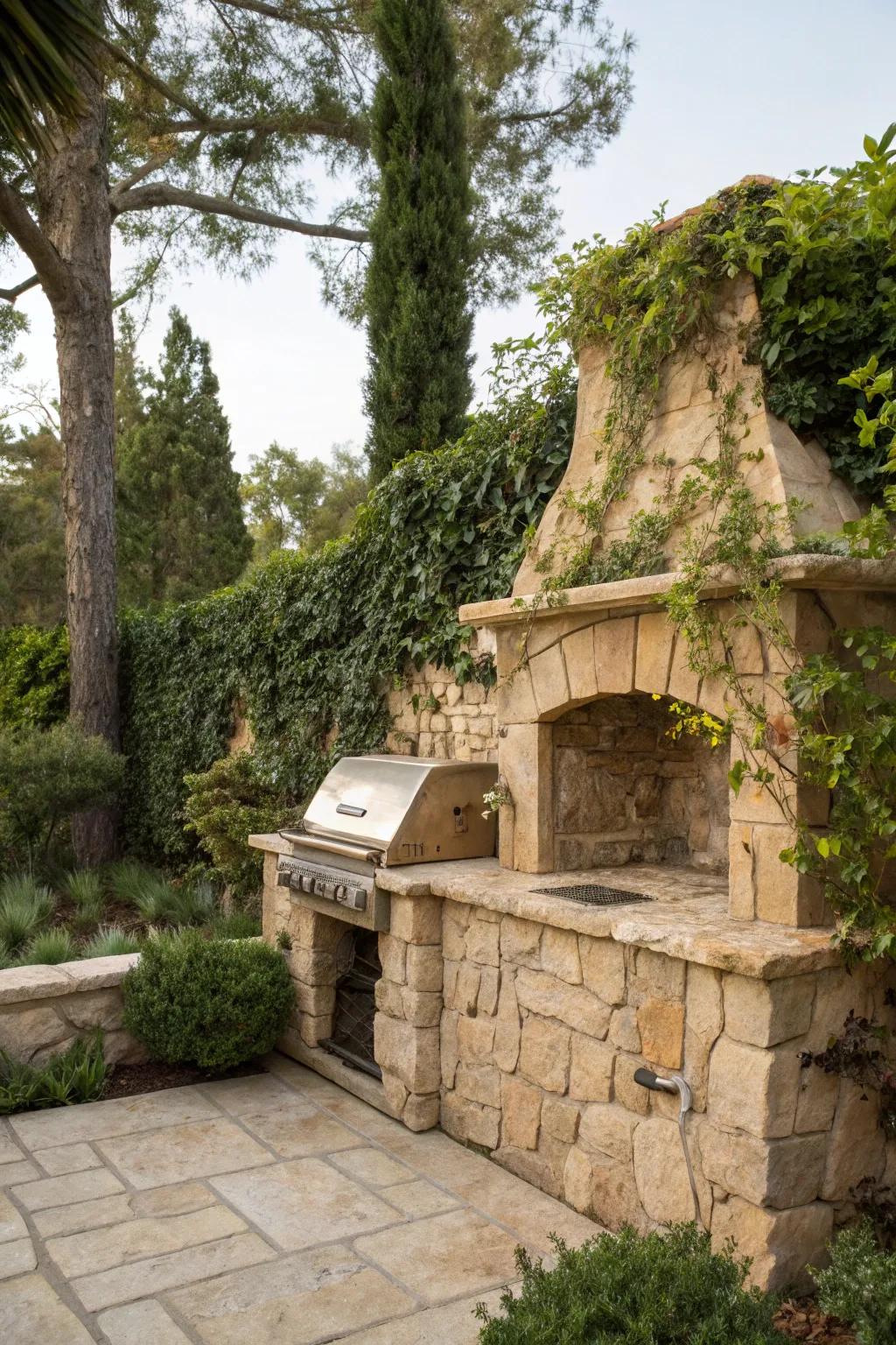 An integrated stone grill harmonizes beautifully with garden boundaries for a unified appearance.
