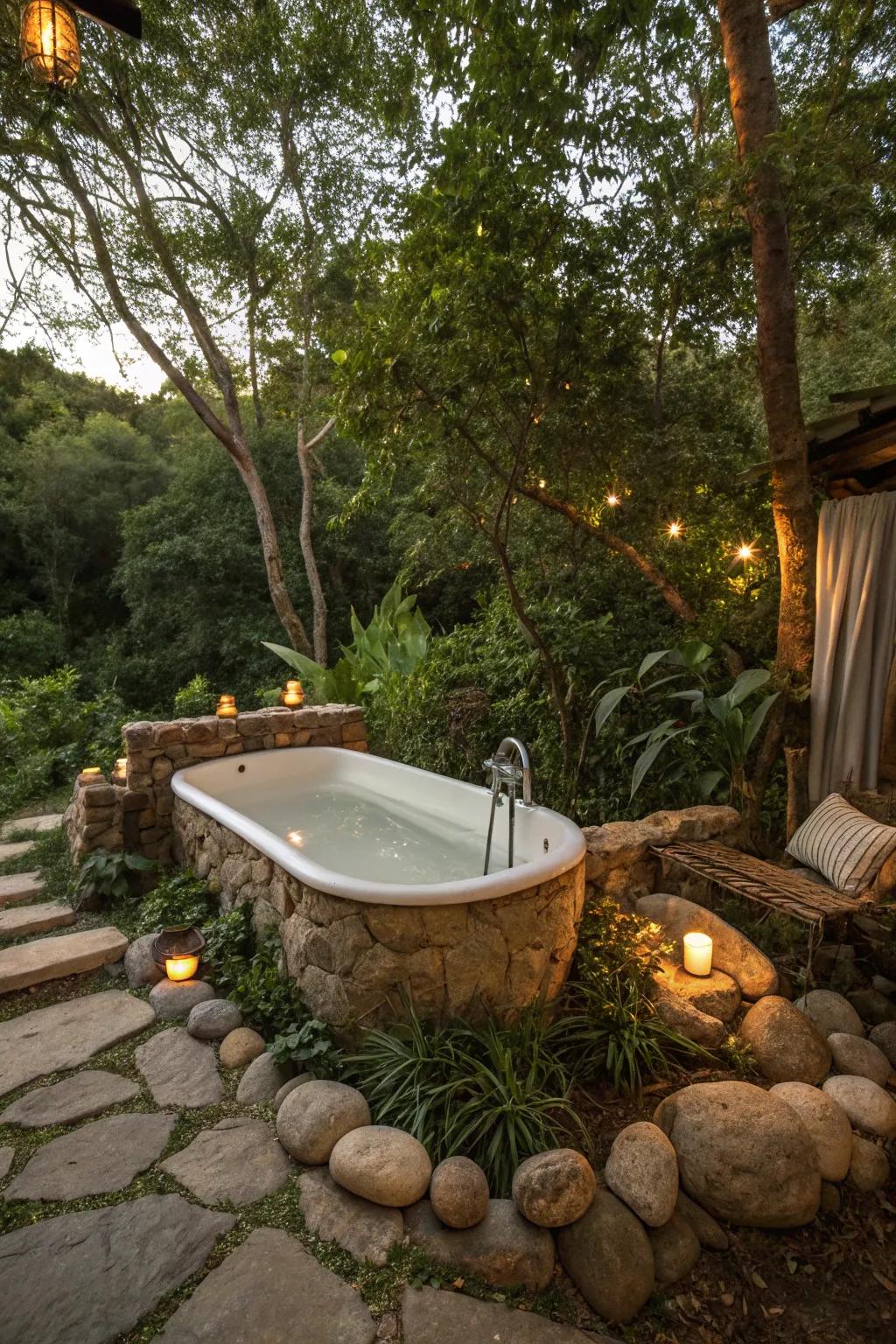 Design a serene escape by surrounding your outdoor tub with stones and lush plants.