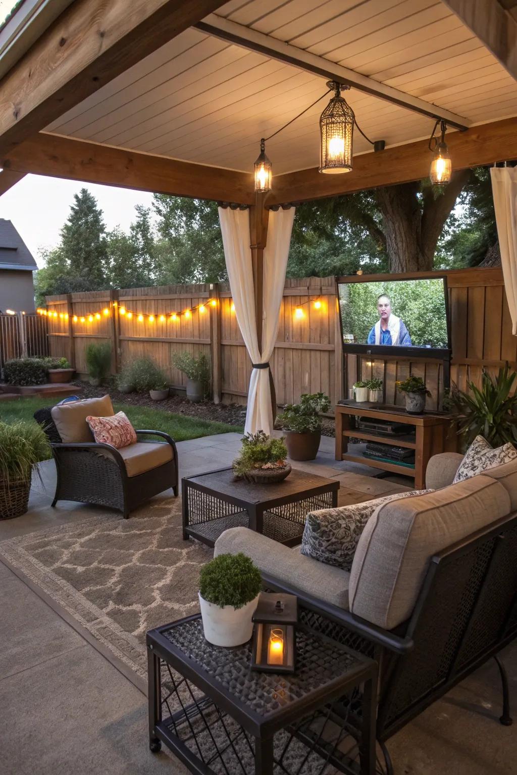 A sheltered patio becomes an ideal outdoor TV location, providing both ease and safeguarding.