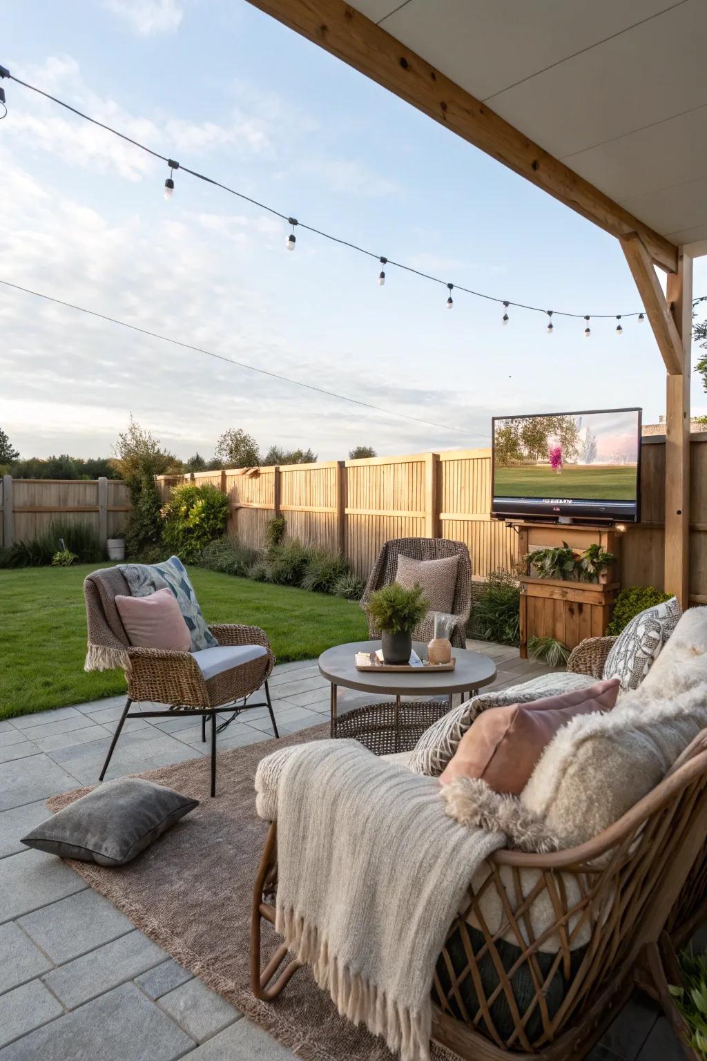 A comfortable seating area helps create an inviting atmosphere for watching TV outdoors.