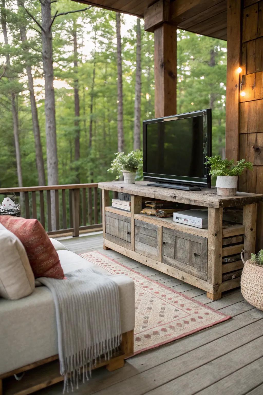 A rustic wooden TV stand that complements the natural surroundings.