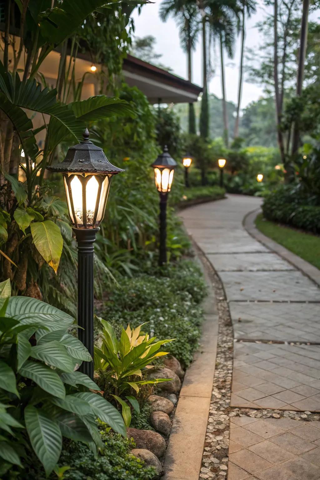 Traditional path lights establish a welcoming walkway.