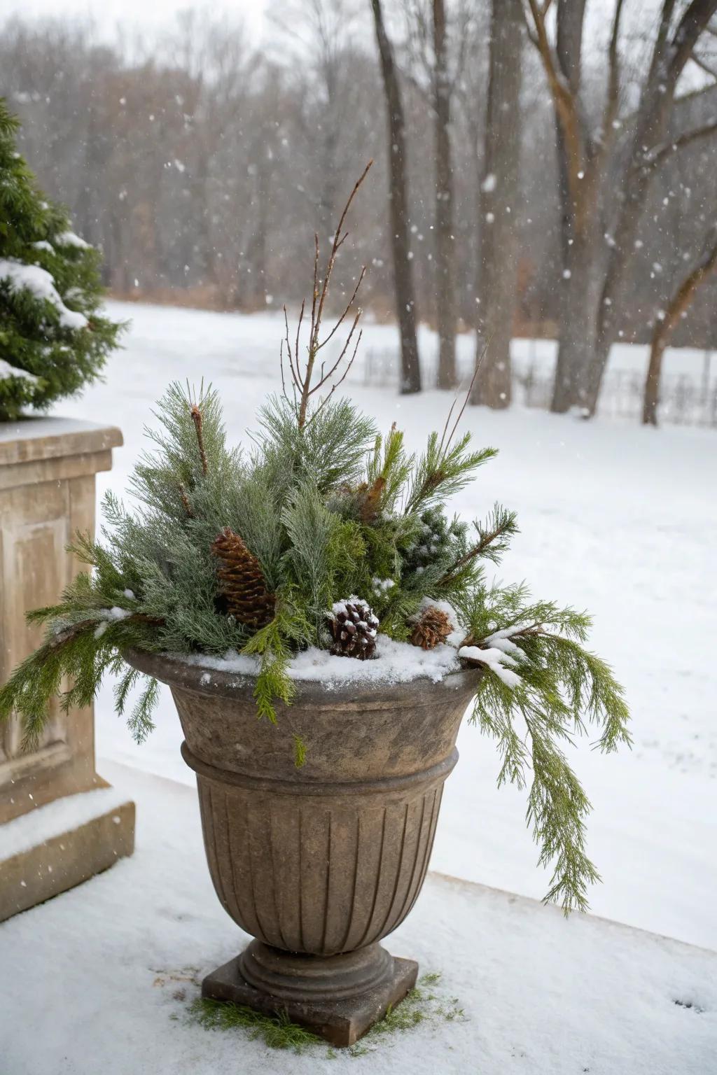 Evergreens impart enduring charm to cold-weather containers.