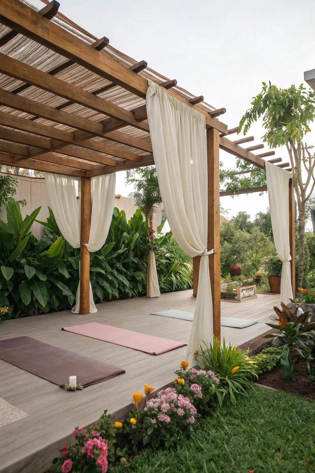 A structure provides shade and flair, suitable for your outdoor yoga times.