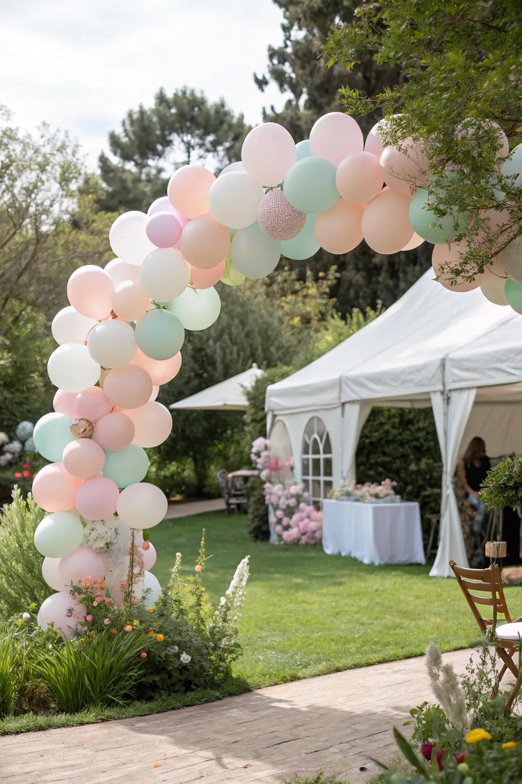 Balloons in gentle shades provide an inviting and cheerful entrance.