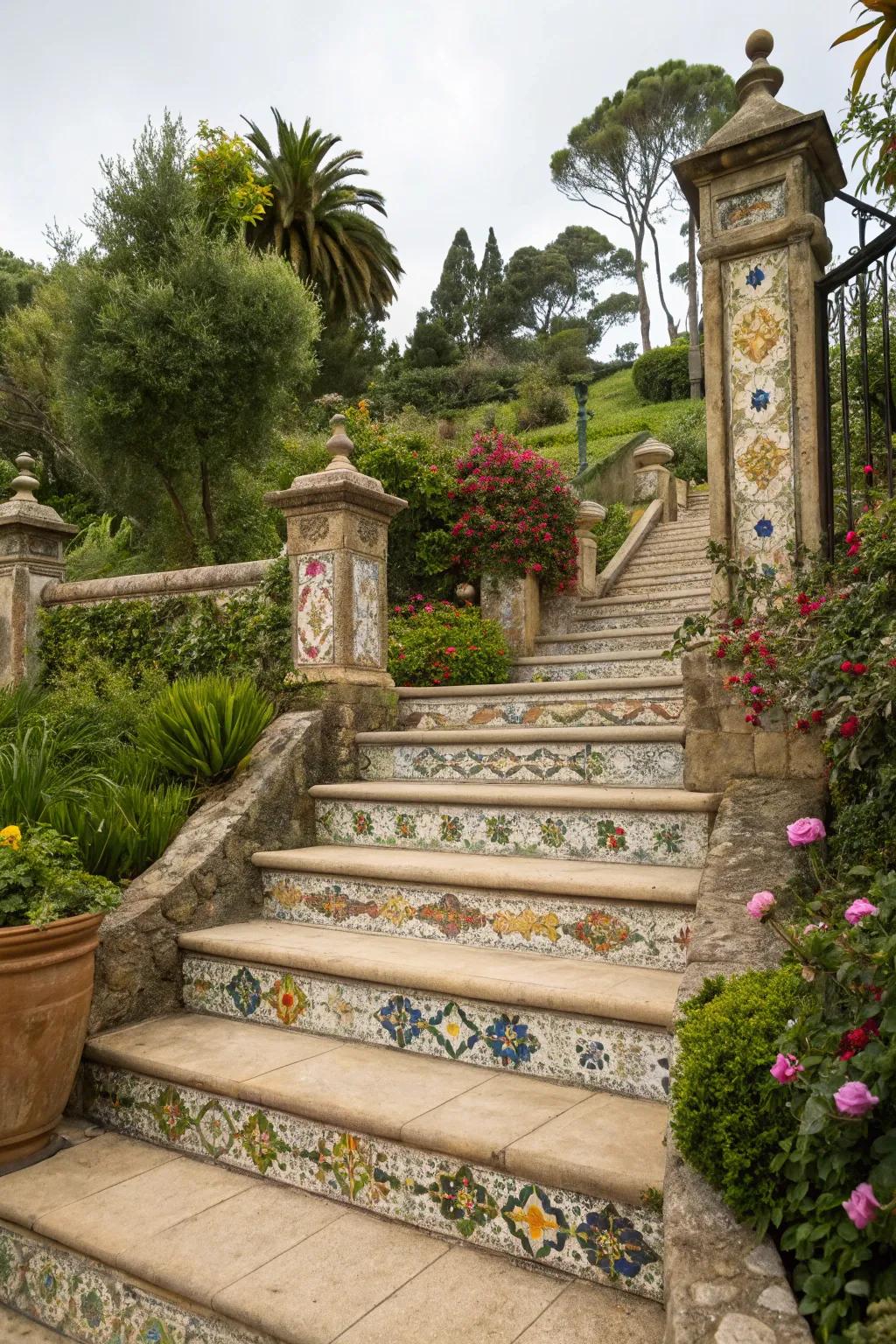 Standout stone steps displaying an eye-catching mosaic arrangement.
